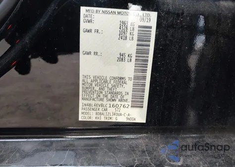 2020 Nissan Altima Sl Fwd z USA, uszkodzony, nr VIN 1N4BL4EV8LC160762